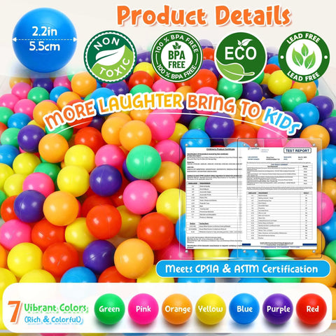 Ball Pit Balls Phthalate Free BPA Free Crush Proof Plastic - 7 Bright Colors with eco-friendly certifications and product details.