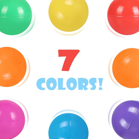 7 colorful BPA Free 100 Pack Plastic Balls for Baby Play & Ball Pit, Tent, Pool, House on display