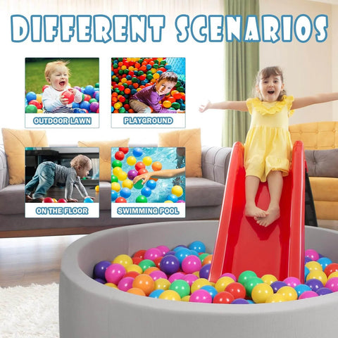 Girl sliding into ball pit with BPA Free 100 Pack Colorful Plastic Balls for Baby Play & Ball Pit, Tent, Pool, House.