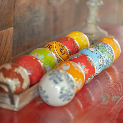 Pack of 12, 4-Inch Decorative Ceramic Porcelain Sailor Balls Tsugo Collection - Colorful Balls displayed on wooden tray