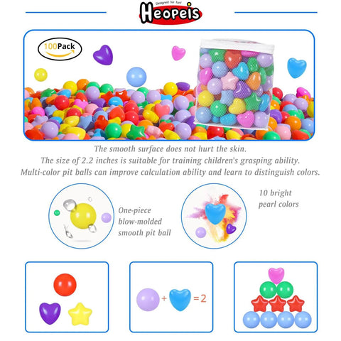 Ball Pit Balls Pack of 100 - Phthalate Free BPA Free Crush Proof Plastic Ball, colorful play balls in a mesh bag with various shapes