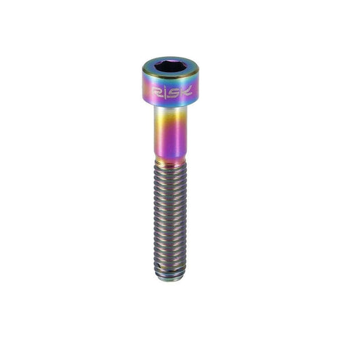 Colorful hex tapered bike stem bolt, M6-35, for stem top cover, visible threaded design.