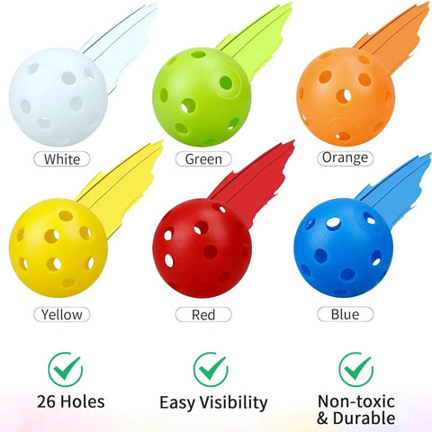 50 Pack Colored Golf Practice Ball, 40mm Hollow Sports Golf Training Balls with airflow design in multicolor: white, green, orange, yellow, red, blue.