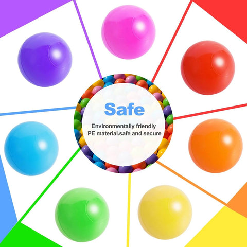 Colorful Ball Pit Balls 100pcs for Kids, BPA & Phthalate Free, Crush Proof and Non-Toxic, showing 7 colors in a circle