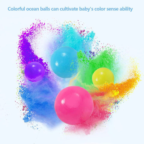 Colorful play balls in rainbow colors with a splash, highlighting 500 Count Plastic Soft Plastic Ball Pits Balls for toddlers and pets.