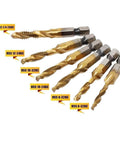 ✝️ AUTOTOOLHOME 6 Pack Titanium Combination Drill Tap Bit Set Screw Tapping SAE 6-32NC 8-32NC 10-24NC 10-32NC shown in gold finish