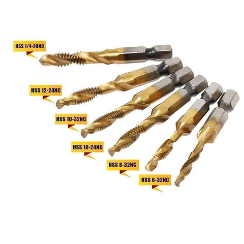 ✝️ AUTOTOOLHOME 6 Pack Titanium Combination Drill Tap Bit Set Screw Tapping SAE 6-32NC 8-32NC 10-24NC 10-32NC shown in gold finish