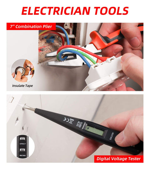 Hands using 7-inch combination plier to install wiring and a digital voltage tester on a power outlet.