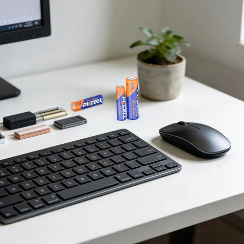 Combo Pack Of 24 AA And AAA Batteries 12 Each 1.5V Alkaline Heavy Duty on desk with keyboard and mouse