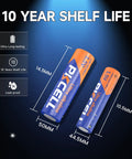 Combo Pack Of 24 AA And AAA Batteries 12 Each 1.5V Alkaline Heavy Duty with 10-year shelf life displayed with size dimensions.