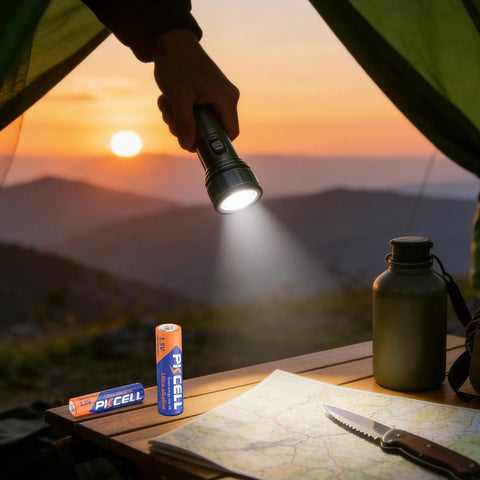 Person using flashlight powered by Combo Pack Of 24 AA And AAA Batteries 12 Each 1.5V Alkaline Heavy Duty, on a camping trip at sunset.