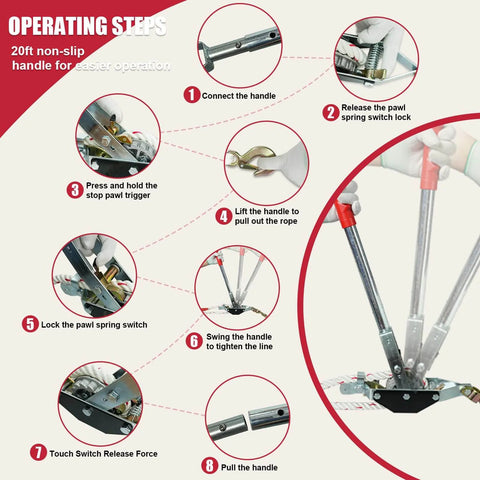 Instructions for operating the 1.5 Ton Rope Puller With 20 Ft Of 0.6 Inch Rope Dual Hook Come Along Winch Heavy Duty Ratchet Puller.