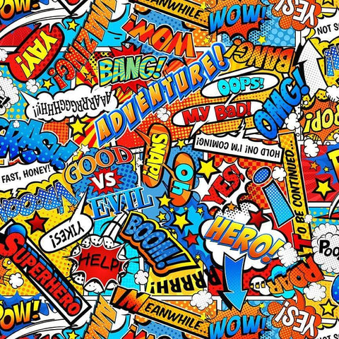 Colorful comic book design with words like "Adventure," "Hero!" and sound effects like "Bang!" and "Oops!" in vibrant shades.
