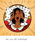 Illustration of a frustrated woman holding her head, surrounded by words like noise, laborious, and grating, depicting stress and annoyance.