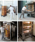 Collage of professionals handling bakery trays with ovens and storage racks on industrial caster wheels in a commercial kitchen setting.