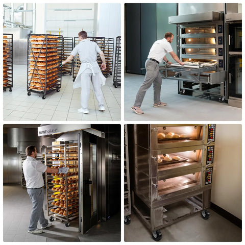 Collage of professionals handling bakery trays with ovens and storage racks on industrial caster wheels in a commercial kitchen setting.