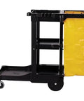 Side view of Workhorse Commercial Cleaning Cart with 3 Shelf Racks and Wheeled Design featuring a zippered yellow vinyl bag front platform.