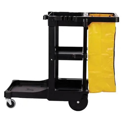 Side view of Workhorse Commercial Cleaning Cart with 3 Shelf Racks and Wheeled Design featuring a zippered yellow vinyl bag front platform.