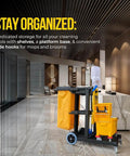 Beefed-Up Heavy Duty Commercial Cleaning Cart With 3 Shelves And Lid, Waste Bag Included, Side Mop And Broom Holders, Platform Base, 25 Gallon Waste Bag Capacity, 330 Lb Load, Yellow And Grey Janitorial Utility Cart For Office And School in an office setting