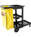 Workhorse Commercial Cleaning Cart With 3 Shelf Racks And Wheeled Design Featuring A Zippered Yellow Vinyl Bag Front Platform For Mop Buckets Or 32 Gallon Trash Cans Ideal For Offices Schools And Janitorial Use