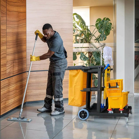 Beefed-Up Heavy Duty Commercial Cleaning Cart with 3 Shelves and Lid, Waste Bag Included, Side Mop and Broom Holders, in use