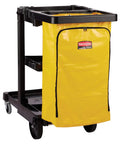 Workhorse Commercial Cleaning Cart With 3 Shelf Racks And Wheeled Design Featuring A Zippered Yellow Vinyl Bag Front Platform