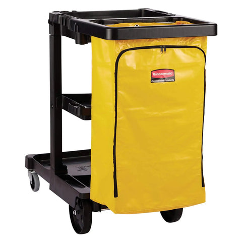 Workhorse Commercial Cleaning Cart With 3 Shelf Racks And Wheeled Design Featuring A Zippered Yellow Vinyl Bag Front Platform