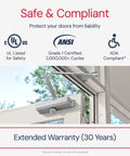 Medium/Heavy Duty Door Closer Commercial Grade 1 installed, demonstrating safety features and compliance certifications.