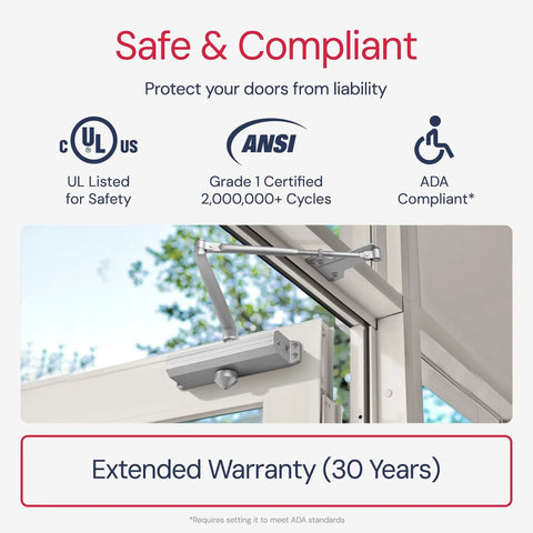 Medium/Heavy Duty Door Closer Commercial Grade 1 installed, demonstrating safety features and compliance certifications.