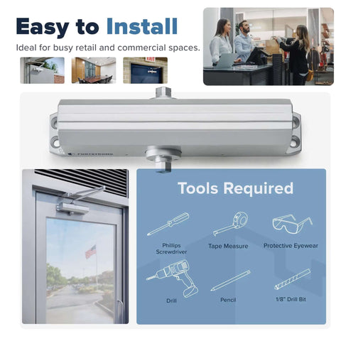 Heavy Duty Grade 1 Commercial Door Closer Auto Hydraulic Spring Hinge installation tools and diagram for busy retail and commercial spaces.