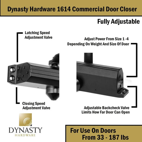 Door Closer, Grade 1 Heavy Duty Commercial Hydraulic Closer, Self-Closing, Adjustable Spring Size 1-4, ADA Compliant, Surface Mount, Sprayed Duronotic Bronze, Series 1614.