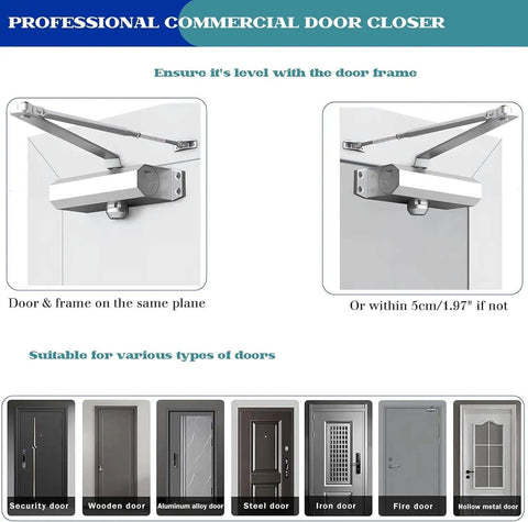 Heavy Duty Automatic Door Closer with Smooth Soft Close and No Slam Hydraulic Mechanism on various door types