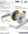 Close-up of Commercial Entry Door Handle Grade 2 Heavy Duty Lockset Keyed Entry Satin Nickel ADA ANSI A1562 with technical details shown.