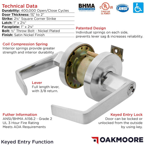 Close-up of Commercial Entry Door Handle Grade 2 Heavy Duty Lockset Keyed Entry Satin Nickel ADA ANSI A1562 with technical details shown.