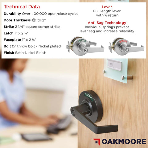 Keyed Entry Commercial Door Handle With Indicator And Locking Occupied Door Lever For Restaurants Stores Warehouses shown installed on a door with technical details.