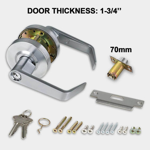 Keyed Entry Grade 2 Commercial Door Lever Lock Non-Handed Satin Chrome 26D Backset 2 3 Quarter Inch UL Fire Rated with installation parts