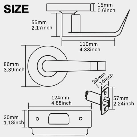 Diagram of Passage Commercial Door Lever Heavy Duty Grade 2 Non Handed Satin Chrome 26D ADA Compliant UL 3 Hour Fire Rated, showing dimensions.