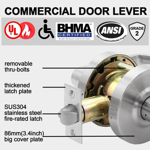 Passage Commercial Door Lever Heavy Duty Grade 2 Non Handed Satin Chrome 26D ADA Compliant UL 3 Hour Fire Rated features and certifications