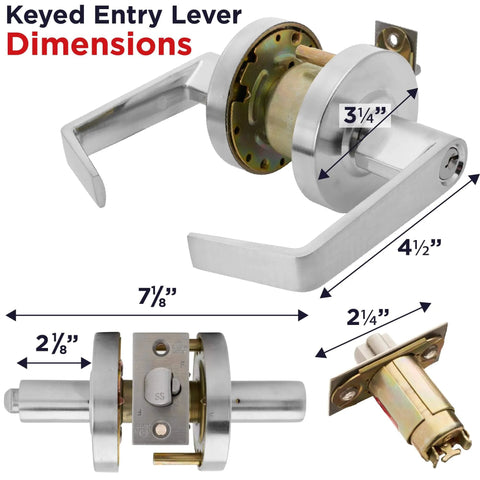 Heavy Duty Commercial Door Lockset Keyed Entry Grade 2 For Office School And Industrial Use Satin Finish with dimensions