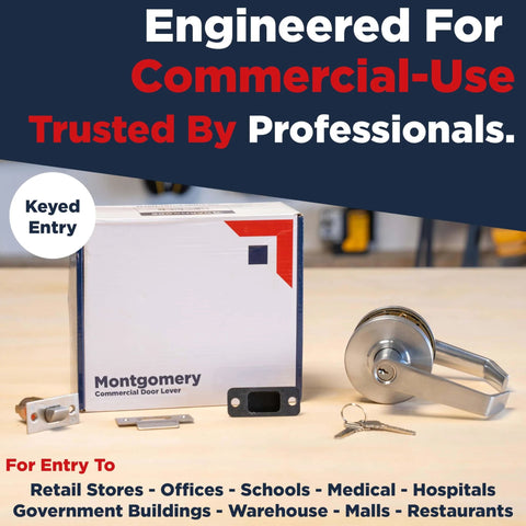 Heavy Duty Commercial Door Lockset Keyed Entry Grade 2 For Office School And Industrial Use Satin Finish, box and lock parts shown