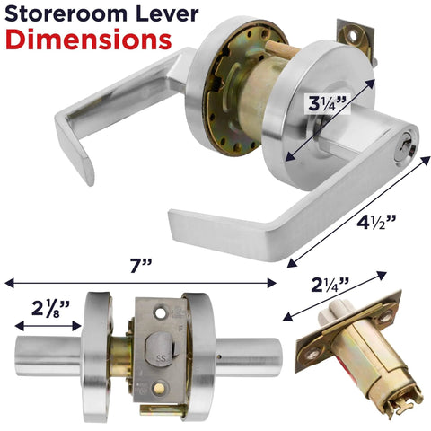 Dimensions of heavy duty commercial door lockset with storeroom lock Grade 2 ANSI A1562 nickel finish keyed knob ADA compliant