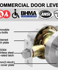 Keyed Entry Grade 2 Commercial Door Lever Lock Non-Handed Satin Chrome 26D Backset UL Fire Rated with detailed specs view