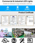 Certificate display and production line for Commercial & Industrial LED Lights with product certifications shown.