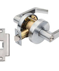 Side view of AUG-00-26D Grade 2 Commercial Duty Office Door Keyed Lever Lockset ADA Approved Satin Chrome Finish with latch plate