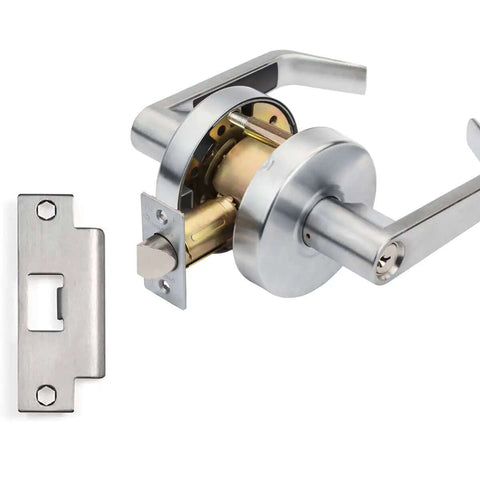 Side view of AUG-00-26D Grade 2 Commercial Duty Office Door Keyed Lever Lockset ADA Approved Satin Chrome Finish with latch plate
