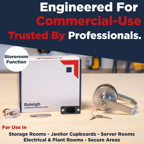 Heavy Duty Commercial Door Lockset With Storeroom Lock Grade 2 ANSI A1562 Nickel Finish Keyed Knob ADA Compliant box and components