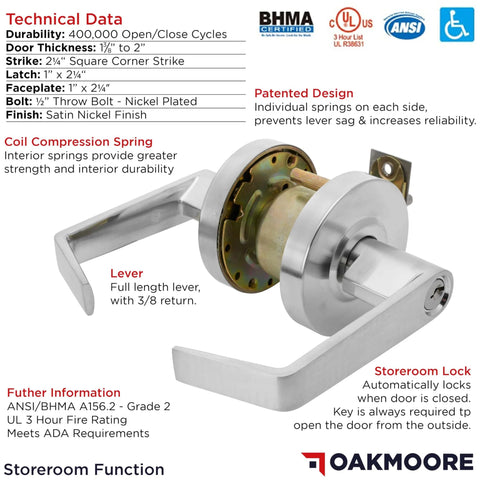 Heavy Duty Commercial Door Lockset With Storeroom Lock Grade 2 ANSI A1562 Nickel Finish Keyed Knob, front view with technical data.
