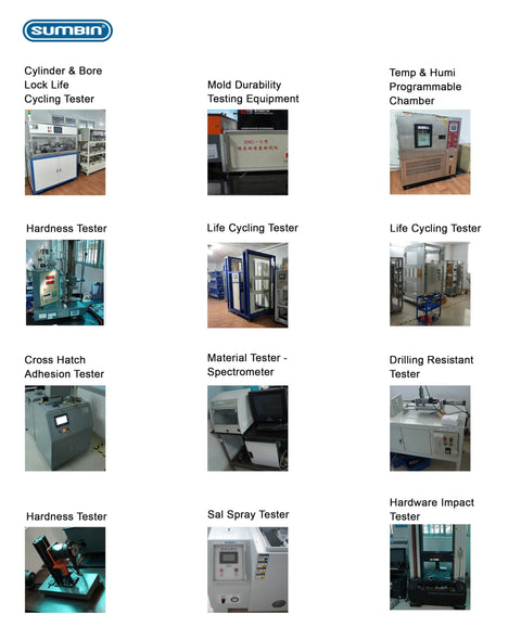 Image showing various industrial testing equipment including lock life cycling tester, hardness tester, and material spectrometer.