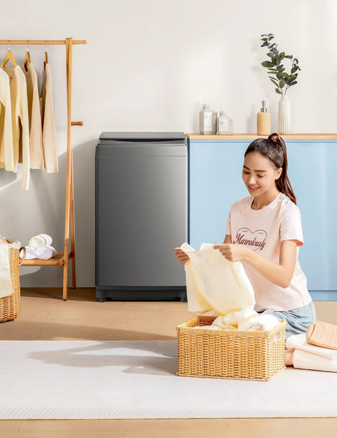 Compact 1.6 Cu Ft Portable Washing Machine With Wheels 11 Lb Capacity Fully Automatic Top Load Washer in home setting