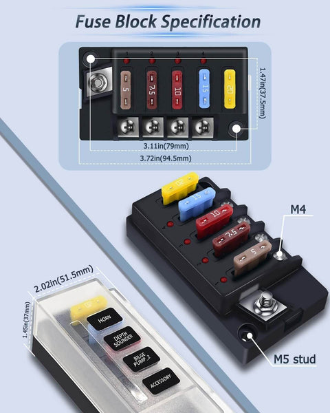 12V Four Circuit Fuse Block Kit With Waterproof Marine Fuse Panel Relay Box LED Indicator Damp Proof Cover ATO Blade Fuse Block For 12V 24V Automotive Car RV Boat showing dimensions and components